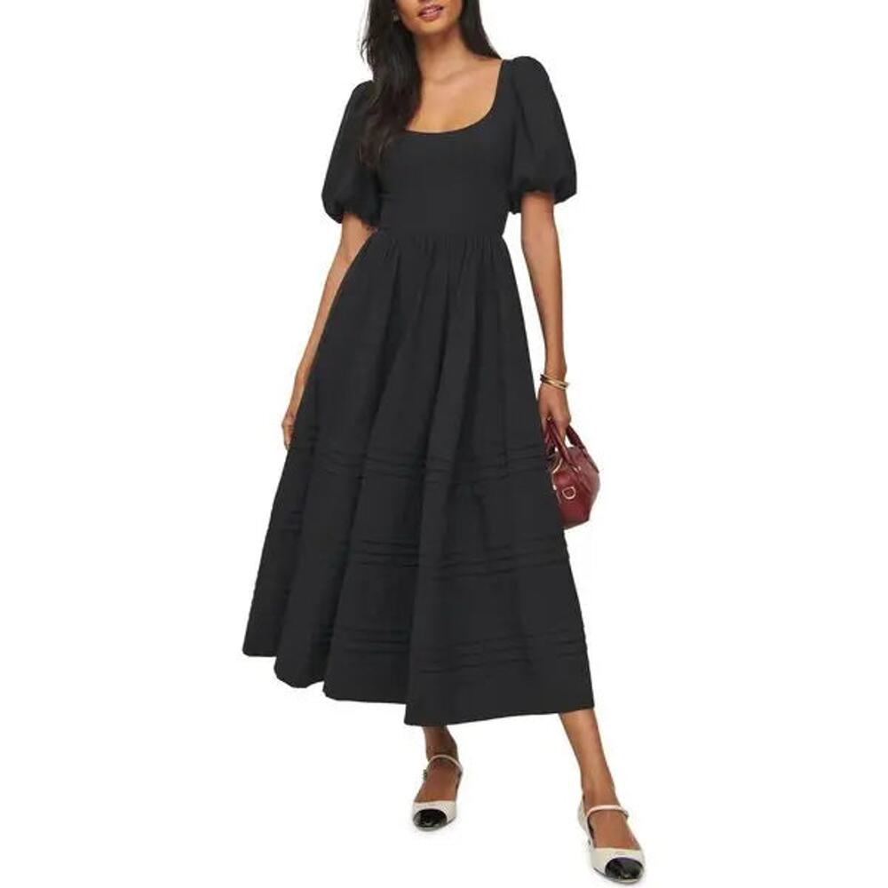 Reformation Black Scoop Neck Puff Sleeve Tiered Maxi Dress 6 Organic Cotton